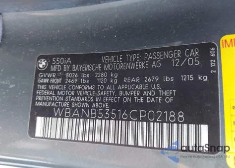 2006 BMW 550I from USA, damaged, VIN WBANB53516CP02188